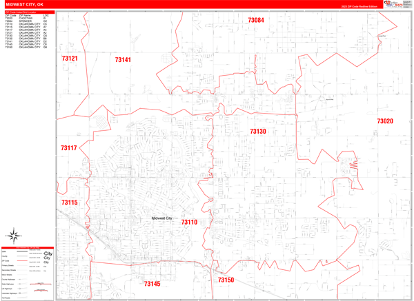 Midwest City City Wall Map Red Line Style